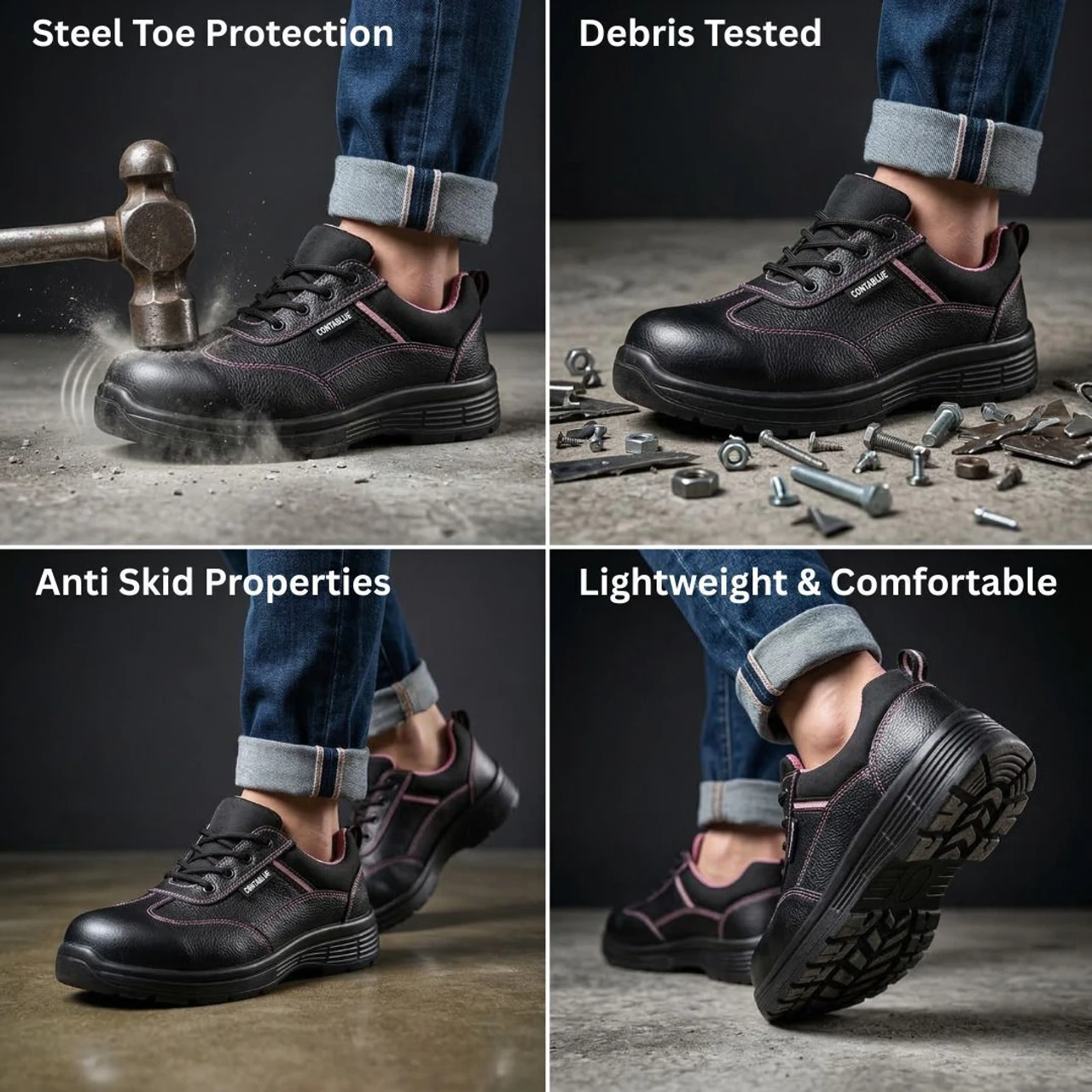 Contablue Steel Toe Genuine Leather Black Safety Shoe, size 2(AG-Female) 4