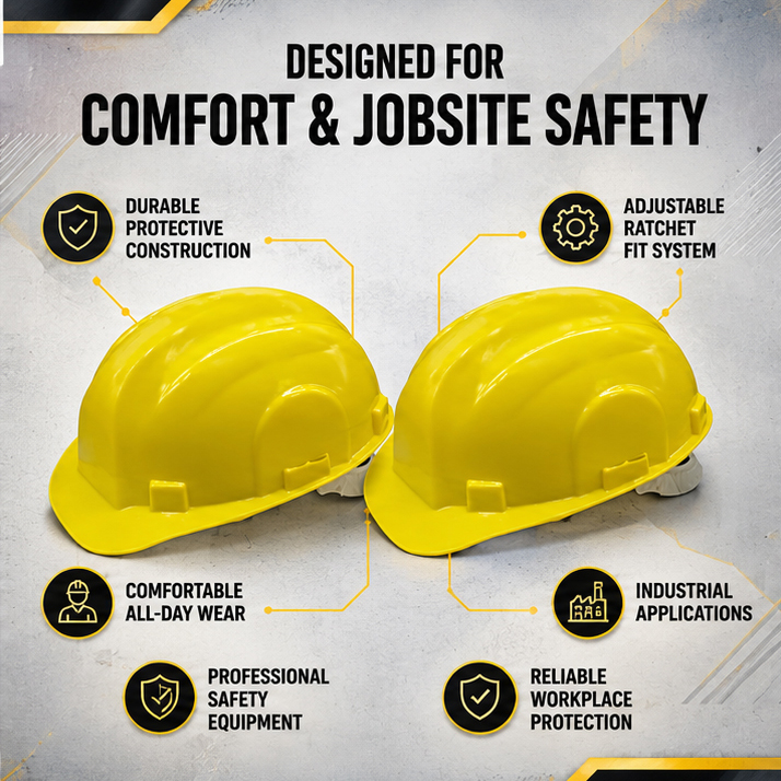 Yellow Rachet Heavy Duty Safety Hard Hat - High-Impact ABS Shell Construction Helmet - Secure Fit Chin Strap and Moisture-Wicking Sweatban 3