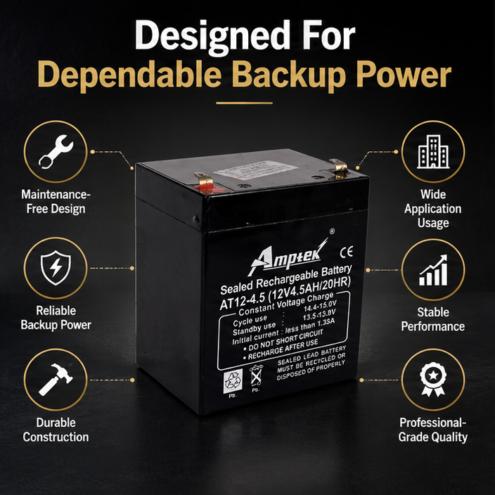 Amptek 12V 4.5Ah Black Sealed Rechargeable SMF Industrial Battery, AT12-4.5(AT12-4.5) 3