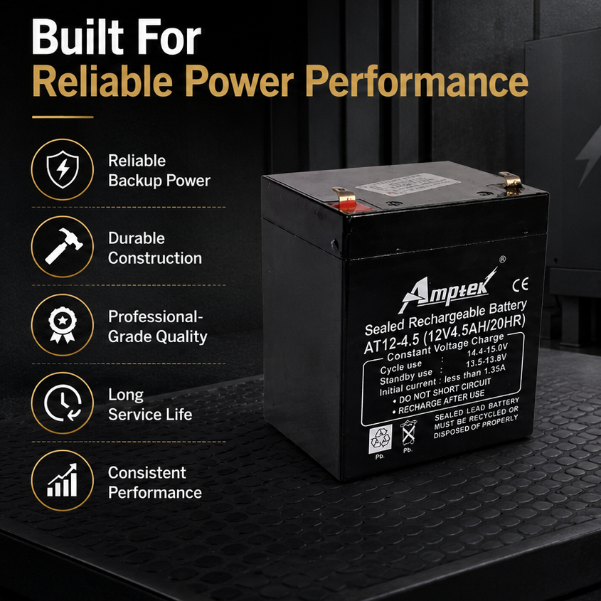 Amptek 12V 4.5Ah Black Sealed Rechargeable SMF Industrial Battery, AT12-4.5(AT12-4.5) 5