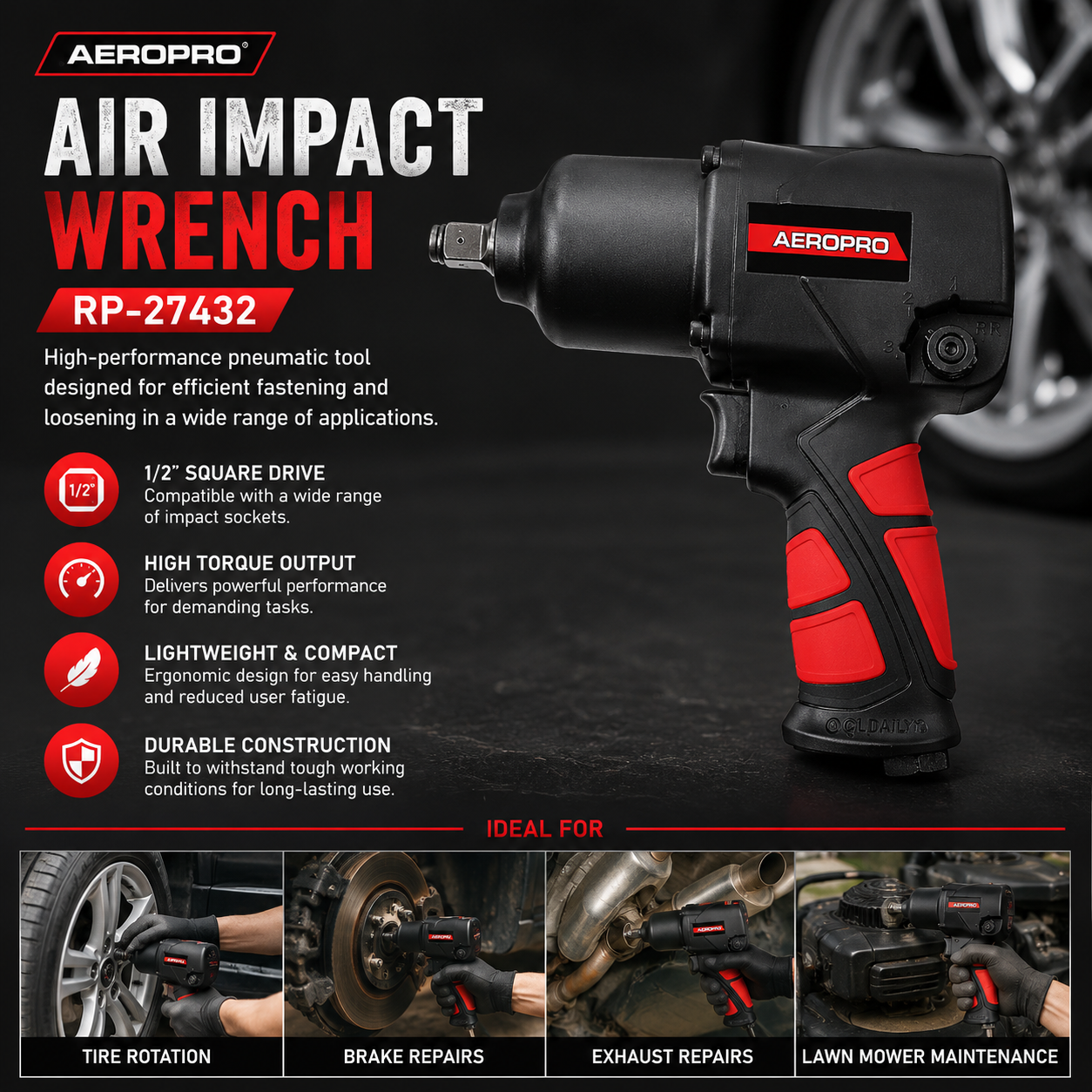 Aeropro RP-27432 Professional 1/2" Air Impact Wrench (7500 RPM, 567 Nm Torque)(RP-27432) 2