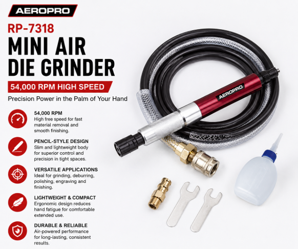 Aeropro 1/8" (3mm) High-Speed Mini Air Die Grinder, 54,000 RPM(RP-7318) 2