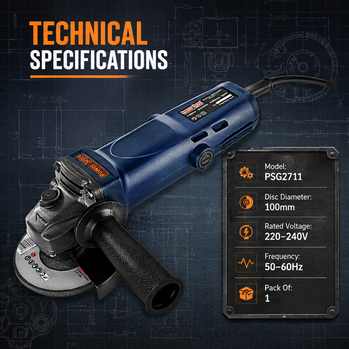 PowerSpeed PSG2711 Angle Grinder, 1200W Heavy Duty Motor, 100mm Disc, 11,000 RPM, Quick Change Carbon Brush, Double Insulated, Aluminium Gear Box(PSG2711) 4