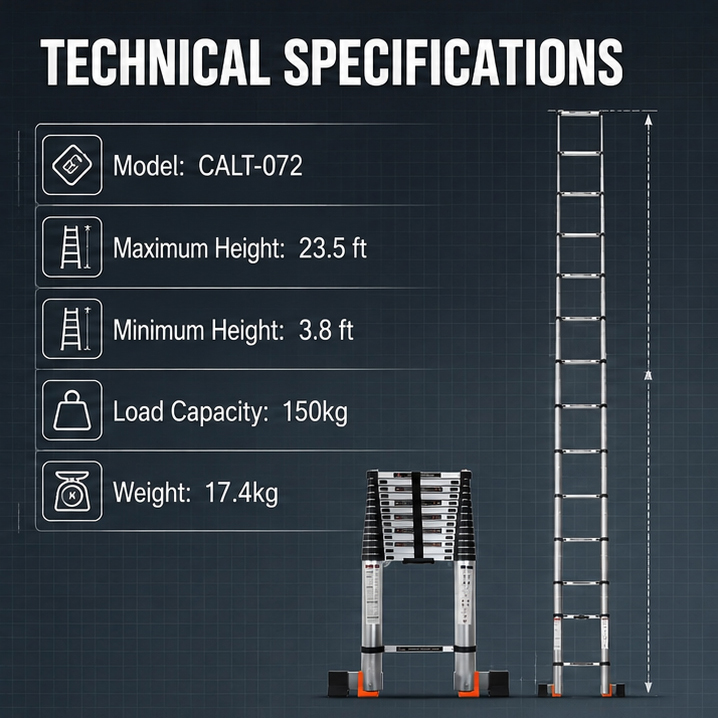 Corvids 7.2m (23.5 feet) Portable & Compact Telescopic Ladder with Folding Stablizer Bar 4