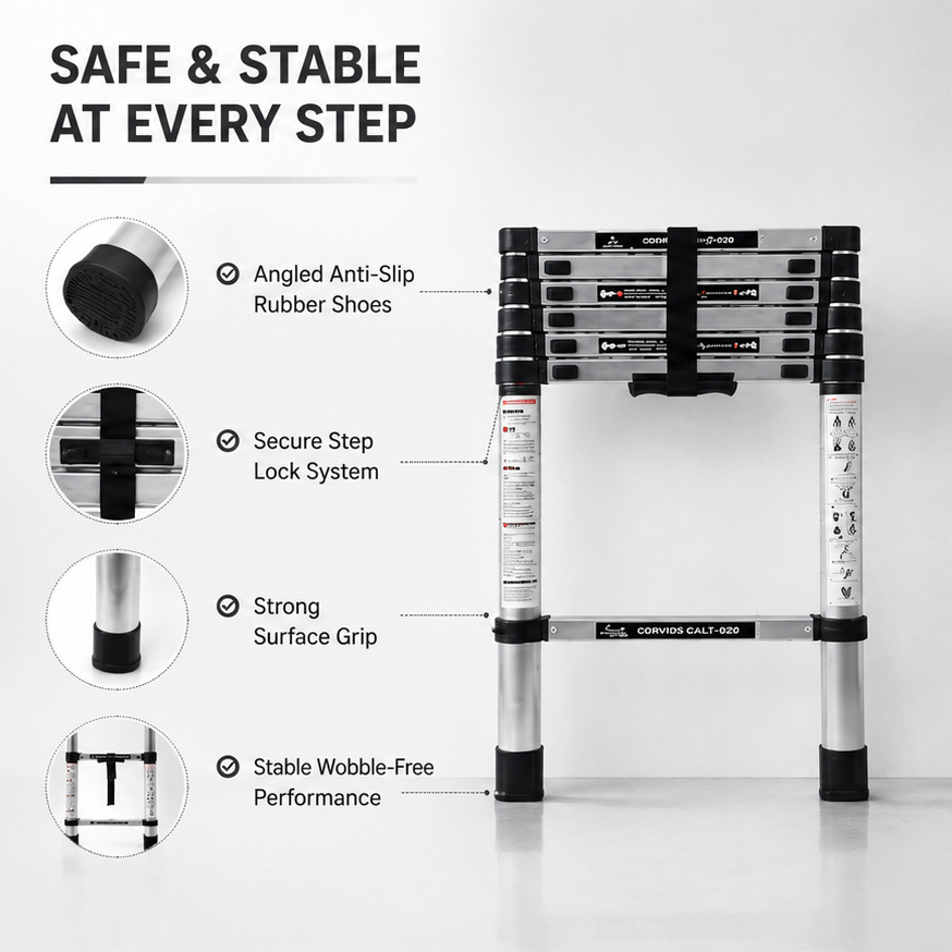 Corvids 2.0m (6.5 feet) Portable & Compact Aluminium Telescopic Ladder | 2-Year Warranty | EN 131 Certified 7-Steps Foldable Multipurpose Step Ladder for Home & Outdoor 5