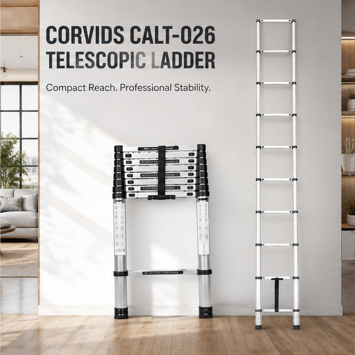 Corvids 2.6m (8.5 feet) Portable & Compact Aluminum Telescopic Ladder | 2-Year Warranty | EN131 Certified 9-Steps Foldable Multipurpose Step Ladder for Home & Outdoor use 2