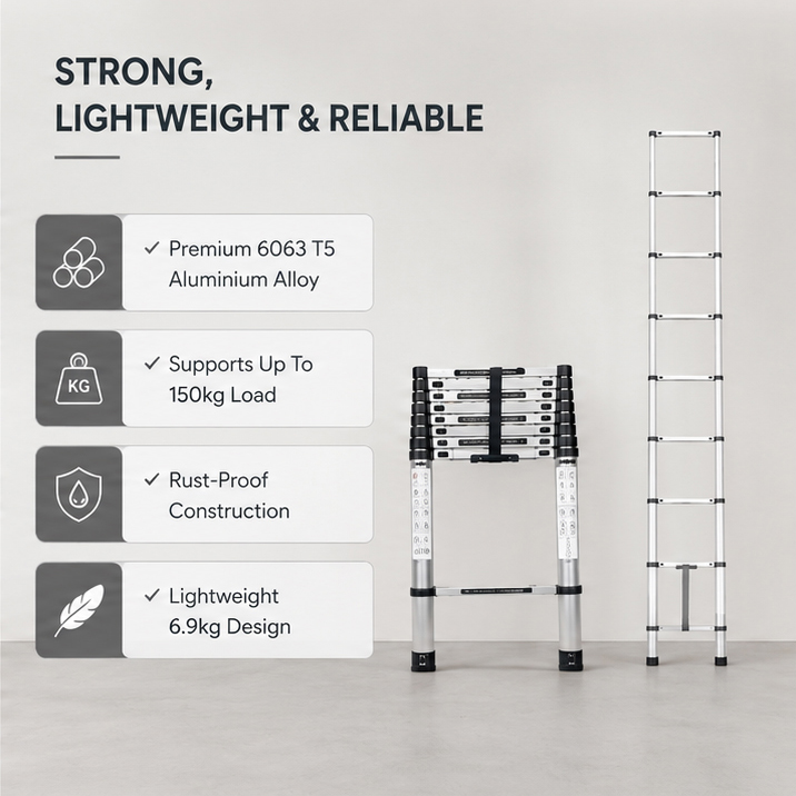 Corvids 2.6m (8.5 feet) Portable & Compact Aluminum Telescopic Ladder | 2-Year Warranty | EN131 Certified 9-Steps Foldable Multipurpose Step Ladder for Home & Outdoor use 3
