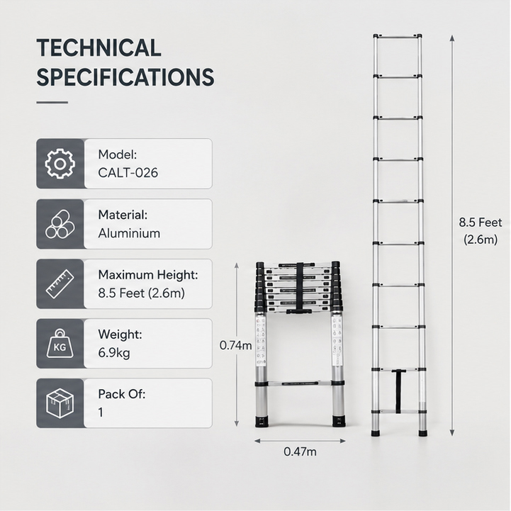 Corvids 2.6m (8.5 feet) Portable & Compact Aluminum Telescopic Ladder | 2-Year Warranty | EN131 Certified 9-Steps Foldable Multipurpose Step Ladder for Home & Outdoor use 4