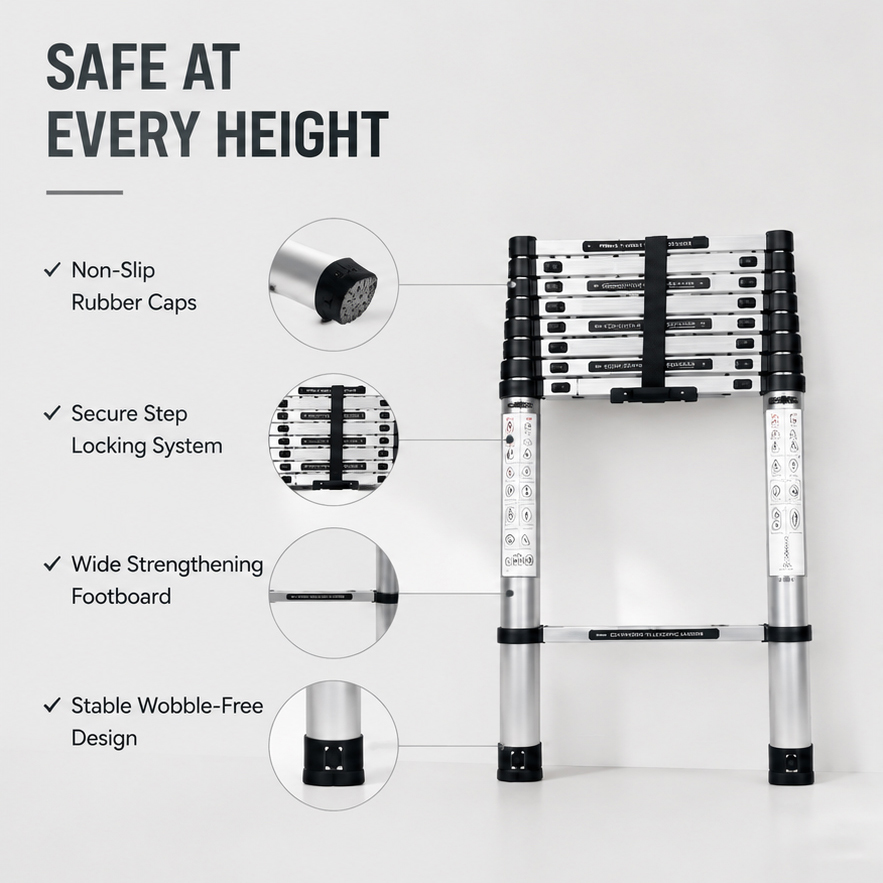 Corvids 2.6m (8.5 feet) Portable & Compact Aluminum Telescopic Ladder | 2-Year Warranty | EN131 Certified 9-Steps Foldable Multipurpose Step Ladder for Home & Outdoor use 5