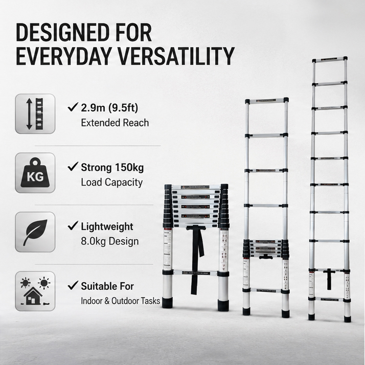 Corvids 2.9m (9.5 feet) Portable & Compact Aluminium Telescopic Ladder | 2-Year Warranty | EN131 Certified 10-Steps Foldable Multipurpose Step Ladder for Home & Outdoor use 3