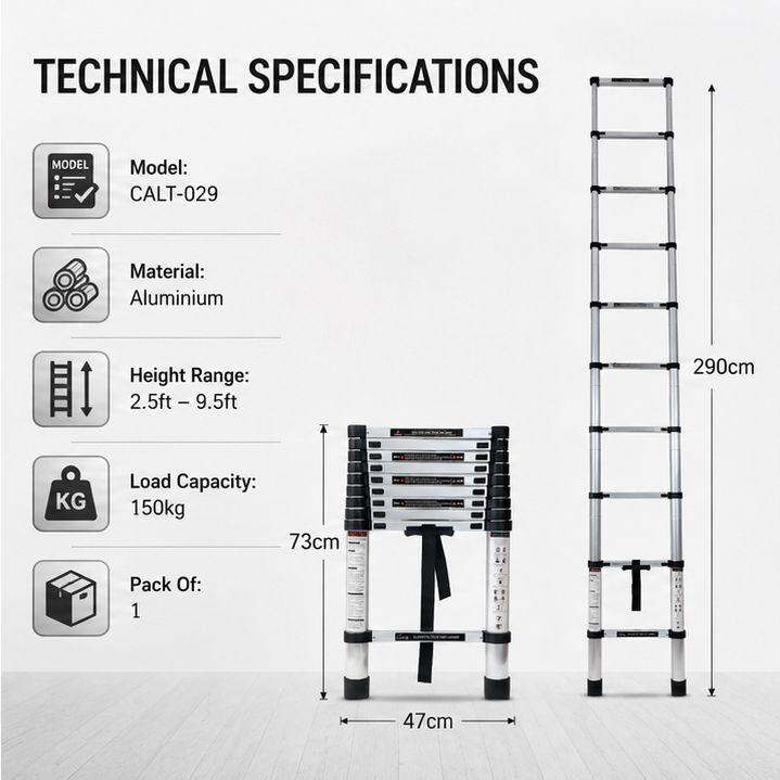 Corvids 2.9m (9.5 feet) Portable & Compact Aluminium Telescopic Ladder | 2-Year Warranty | EN131 Certified 10-Steps Foldable Multipurpose Step Ladder for Home & Outdoor use 4