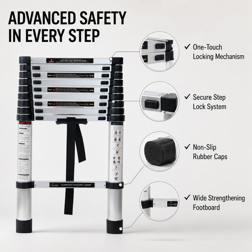 Corvids 2.9m (9.5 feet) Portable & Compact Aluminium Telescopic Ladder | 2-Year Warranty | EN131 Certified 10-Steps Foldable Multipurpose Step Ladder for Home & Outdoor use 5