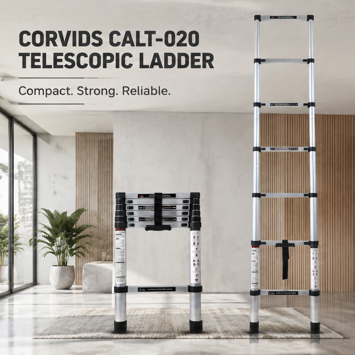 Corvids 2.0m (6.5 feet) Portable & Compact Aluminium Telescopic Ladder | 2-Year Warranty | EN 131 Certified 7-Steps Foldable Multipurpose Step Ladder  2
