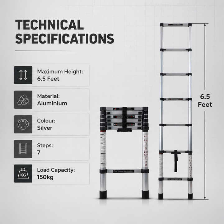 Corvids 2.0m (6.5 feet) Portable & Compact Aluminium Telescopic Ladder | 2-Year Warranty | EN 131 Certified 7-Steps Foldable Multipurpose Step Ladder  4
