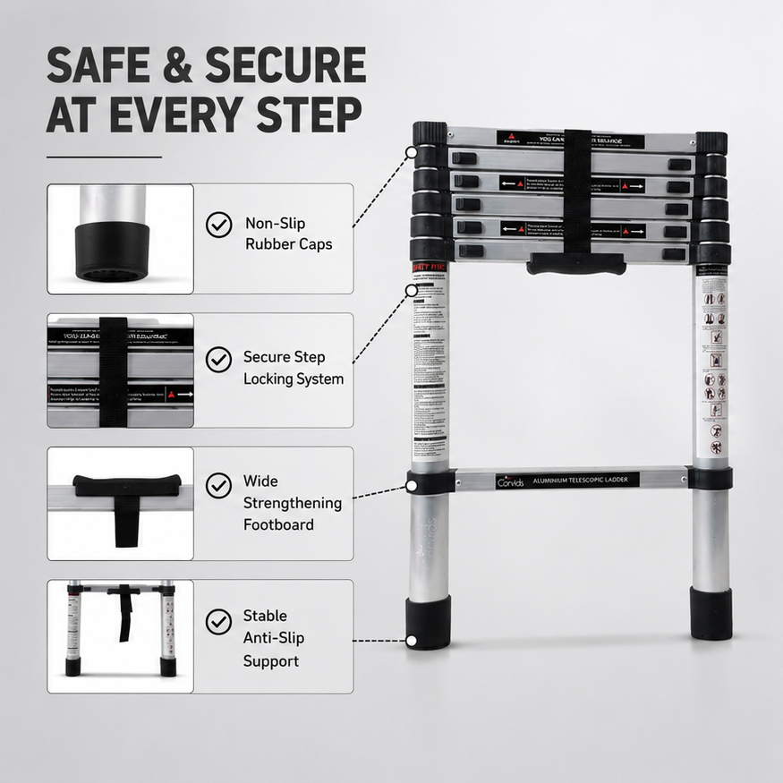 Corvids 2.0m (6.5 feet) Portable & Compact Aluminium Telescopic Ladder | 2-Year Warranty | EN 131 Certified 7-Steps Foldable Multipurpose Step Ladder  5