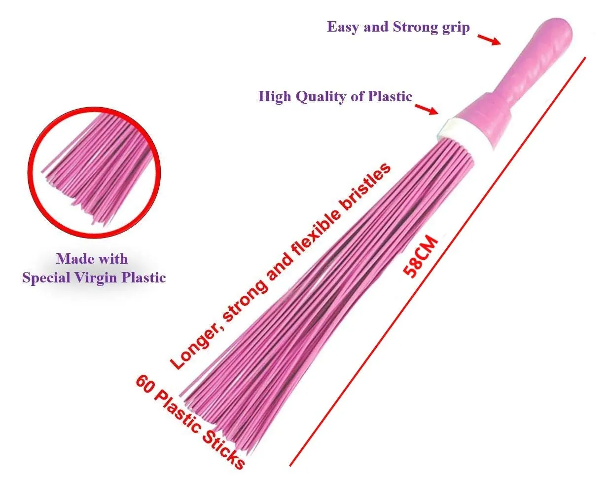 Plastic Hard Broom for Washroom, Toilet & Office Cleaning | Long Handle | Virgin Plastic Bristles | Pack of 3 3