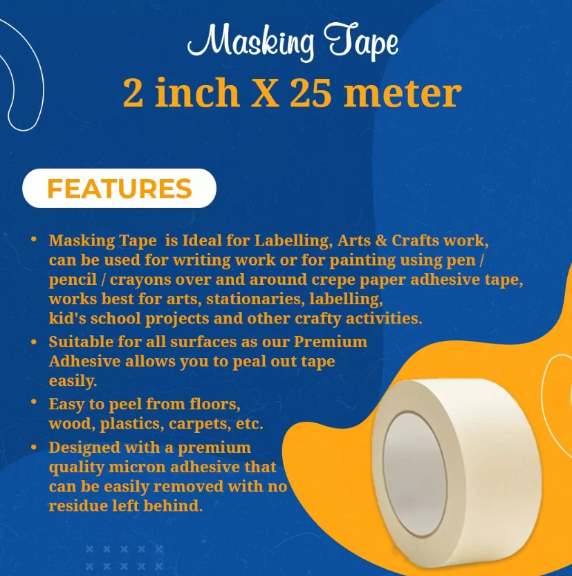 Adhesive Masking Tape 48mm (2 Inch) x 25 Meter | Premium Crepe Paper Writable Masking Tape – Residue Free (Pack of 5) 5