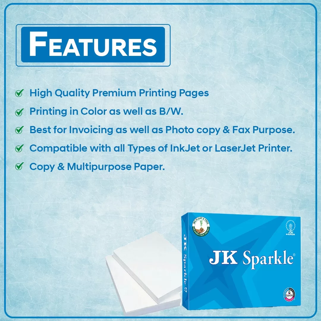 JK Sparkle A4 Copier Paper 70 GSM 10 Reams Multipurpose Printing Paper(pack of 10) 4