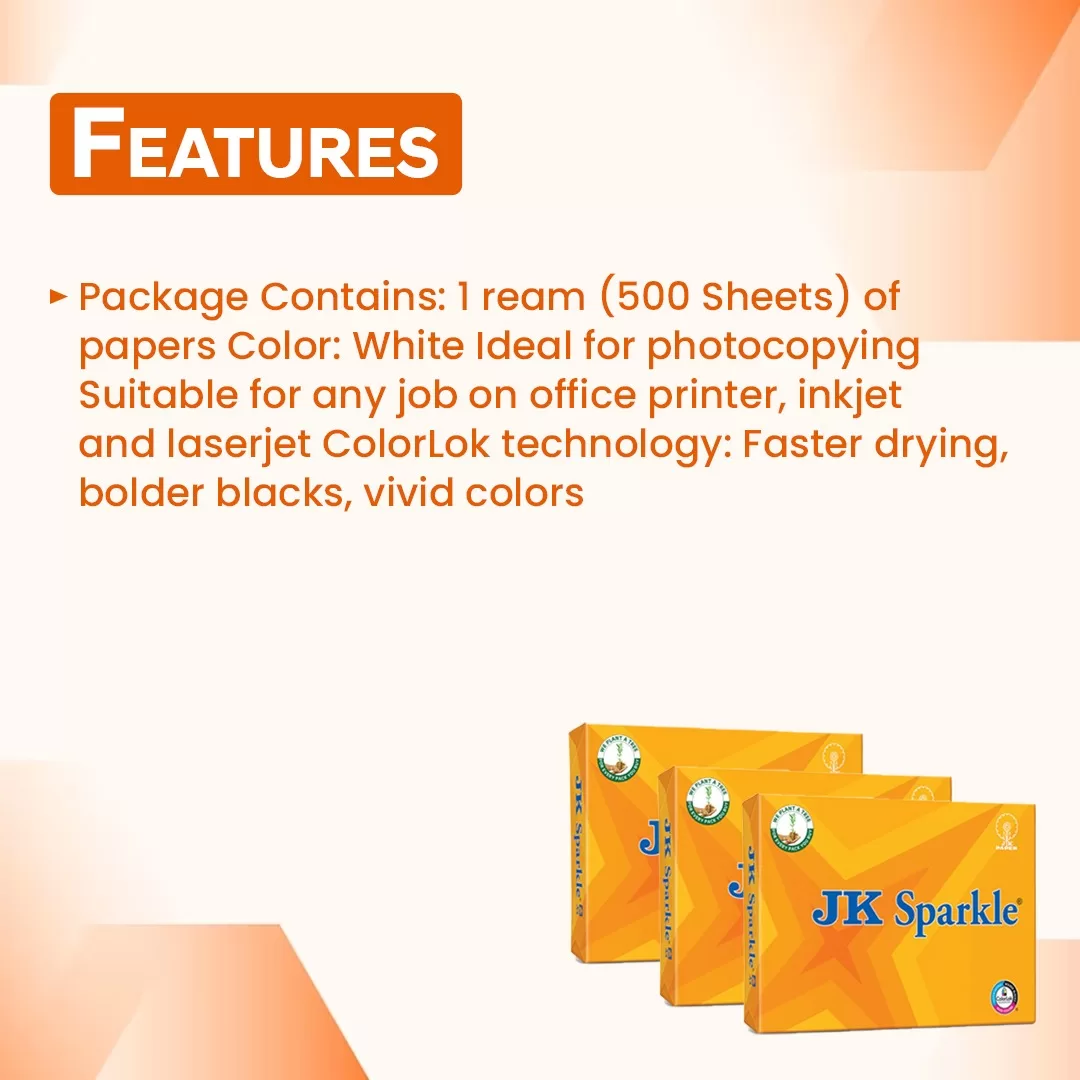 JK Sparkle A4 Size 75 GSM Copier Paper 1 Ream 500 Sheets – (Pack of 10) 4