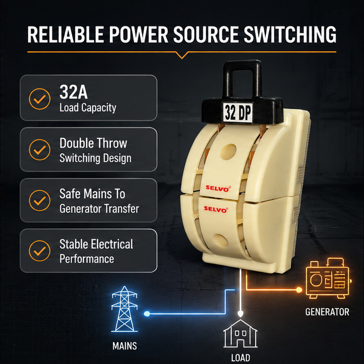 SELVO 32A 2 Pole Double Throw Knife Copper Changeover Switch with ABS Cover & Porcelain Base | Manual DPDT Power Transfer Switch | Heavy Duty Electrical Switch for Home & Industrial Use 2