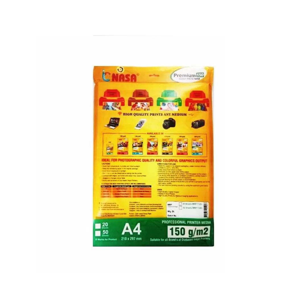 Nasa Premium A4 Size 150 GSM Glossy Photo Paper 50 Sheet in 1 Pkt – Pack of 2 2