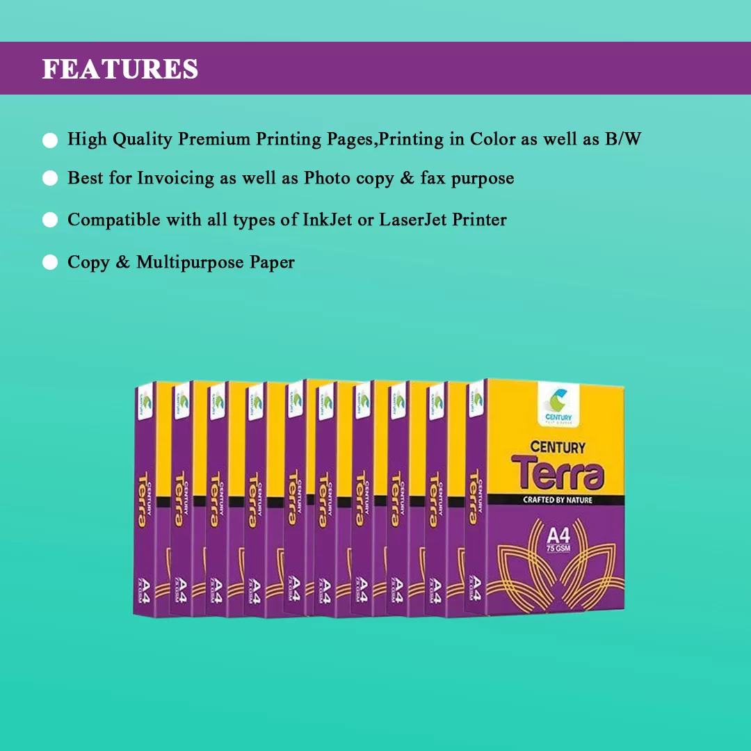 Century Terra A4 Size 75 GSM Copier Paper 1 Ream 500 Sheets – (Pack of 10) 4
