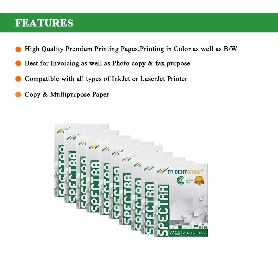 The Trident Spectra A4 Size 75 GSM Copier Paper is a premium multipurpose printing paper designed to deliver superior performance, professional print quality, and long-lasting document preservation. S 4