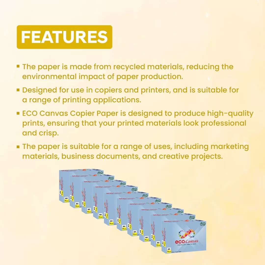 ECO Canvas A4 Size Copier Paper (Yellow) 75 GSM 1 Ream 500 Sheets – (Pack of 10) 4