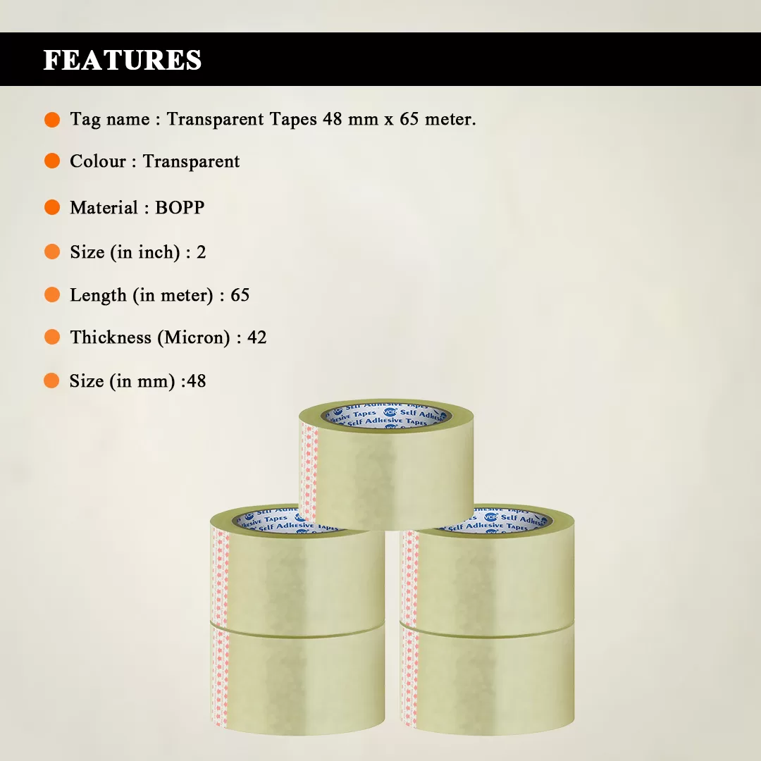 Adhesive BOPP Transparent Tape (42 Micron) 2″ X 65 Meters – Pack of 5 4