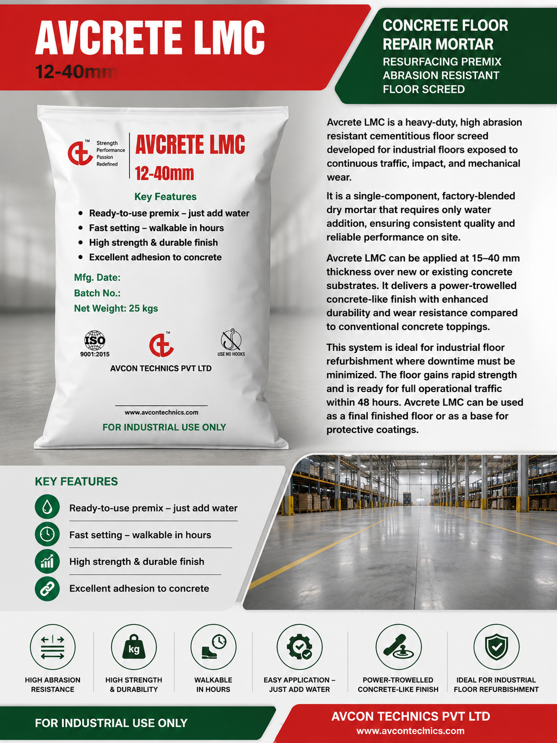AVCRETE LMC 25 Kg Concrete Floor Repair Mortar- Resurfacing Premix Abrasion Resistant Floor Screed 2