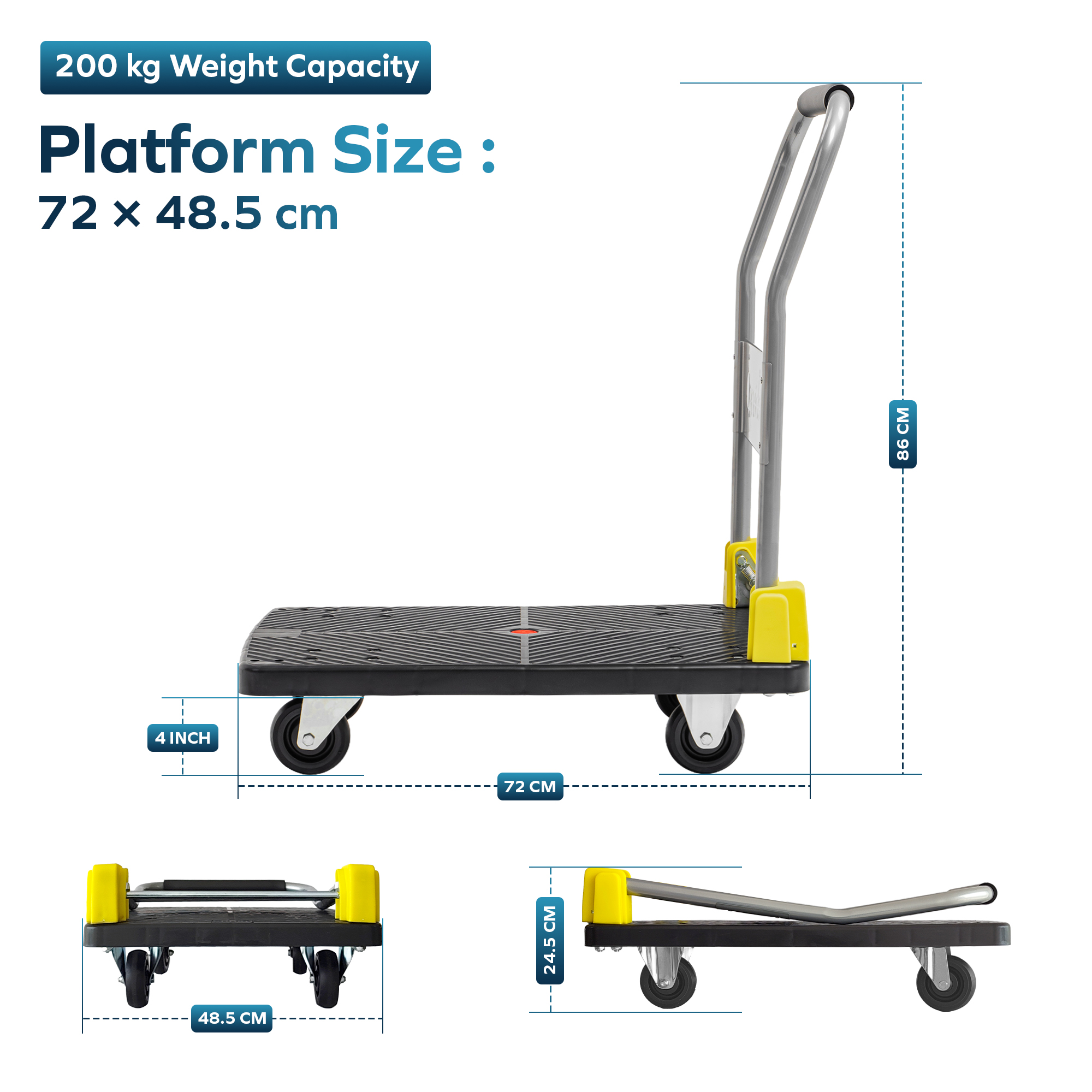 Corvids 200 Kg Portable Plastic Folding Hand Platform Trolley | 2-Year Warranty | Hand Truck with 360° Rotating Wheels for Home and Warehouse Use 2