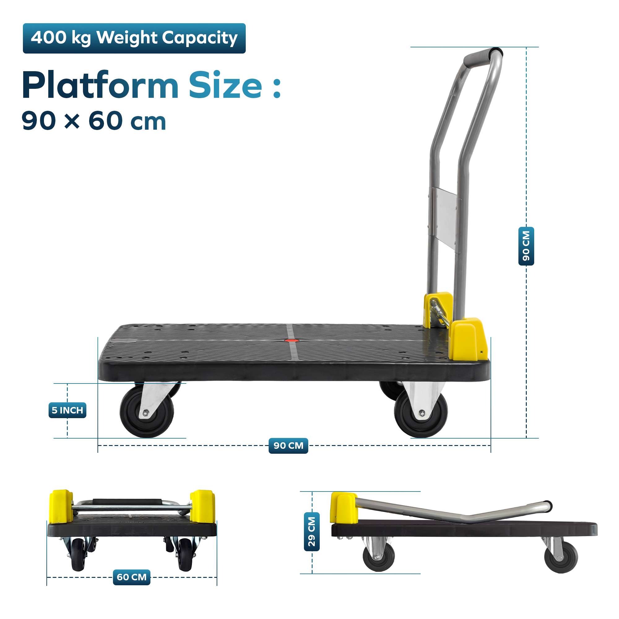 Corvids 400 Kg Portable Plastic Folding Hand Platform Trolley | 2-Year Warranty | Industrial Dolly Cart with 360° Rotating Wheels for Home and Warehouse Use 3