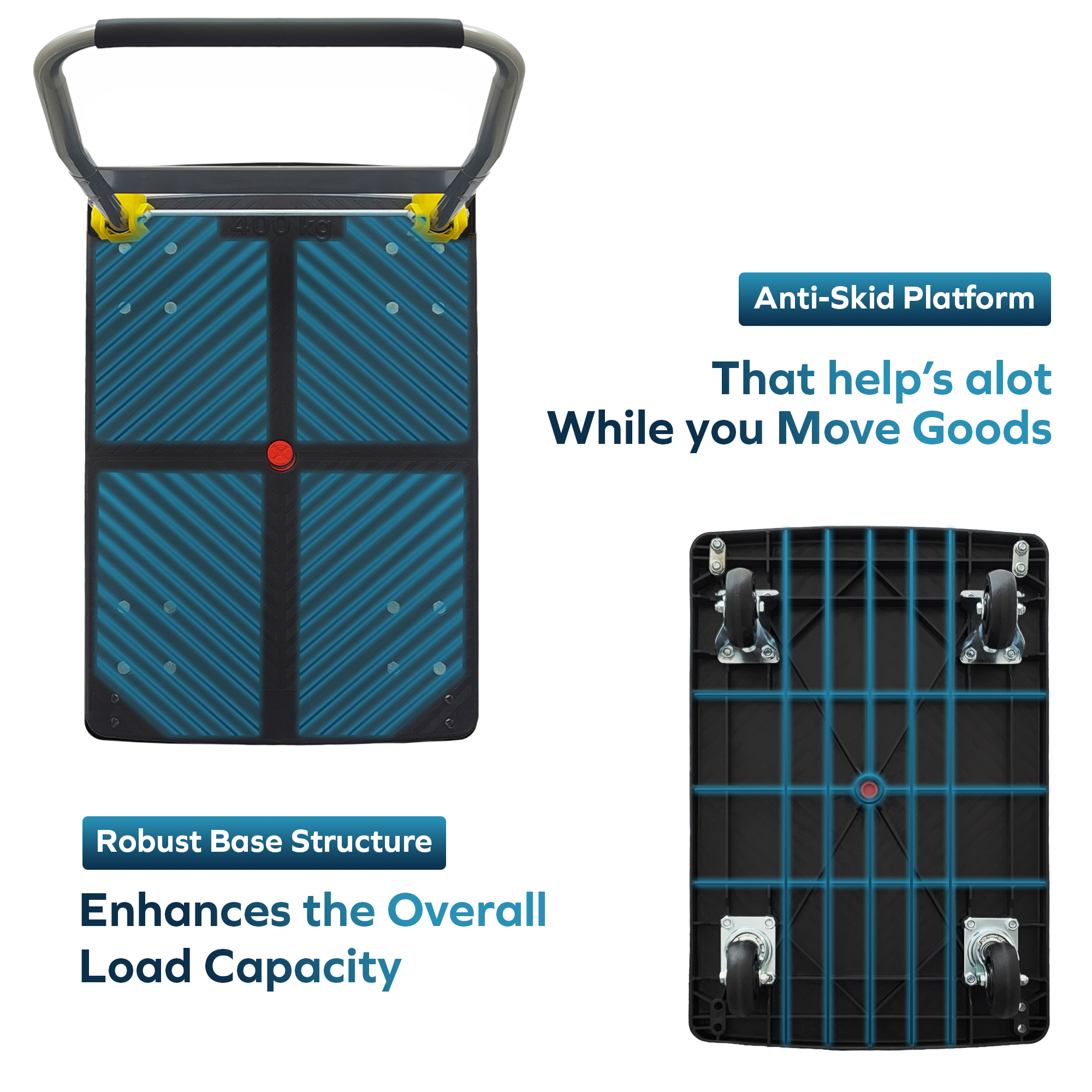 Corvids 400 Kg Portable Plastic Folding Hand Platform Trolley | 2-Year Warranty | Industrial Dolly Cart with 360° Rotating Wheels for Home and Warehouse Use 4