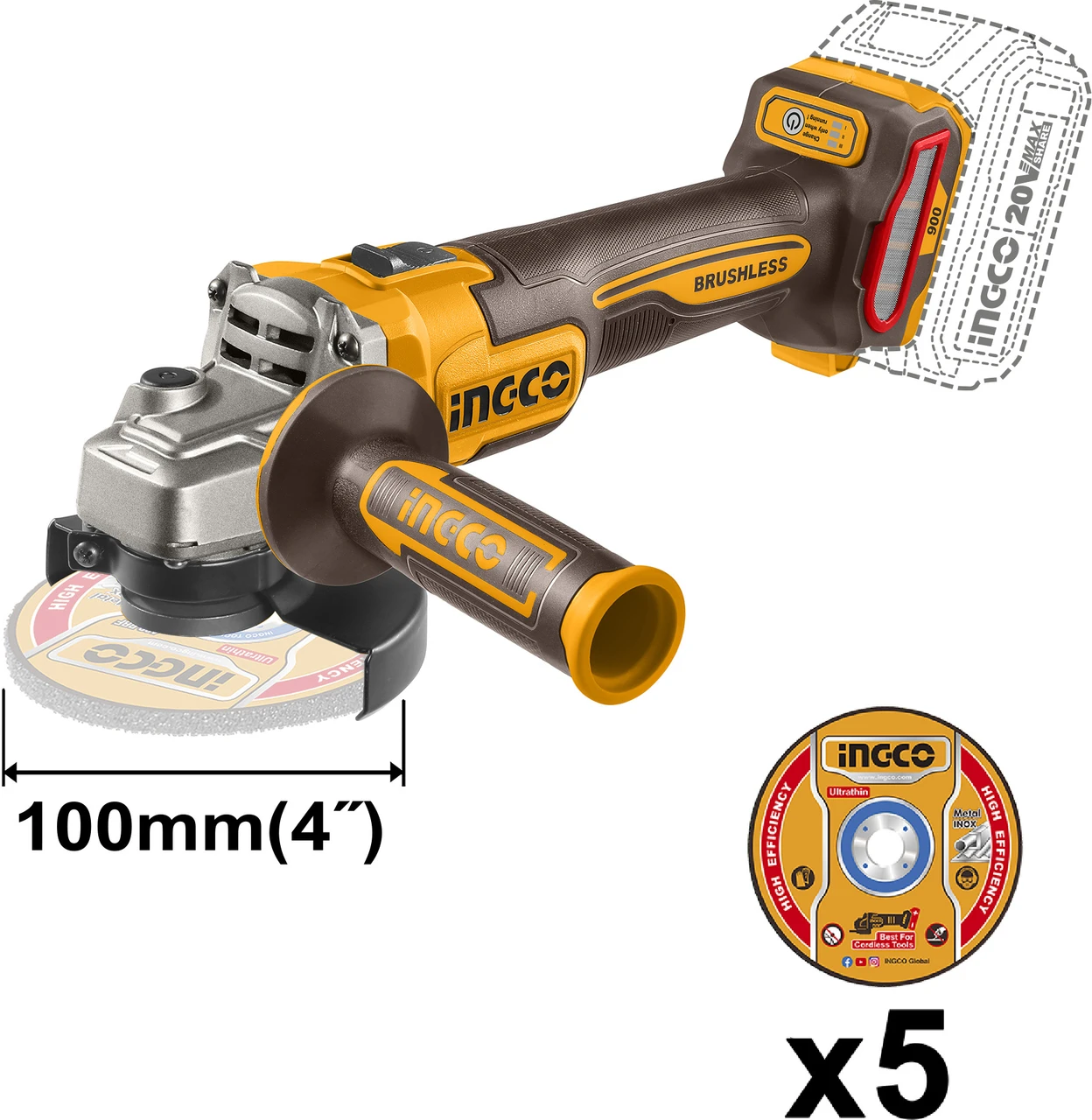 Ingco 100mm 20V Cordless BL Variable Speed Angle Grinder With Battery, Charger & Cutting Disc, 3000/6000/9000 RPM(CAGLI261021) 2