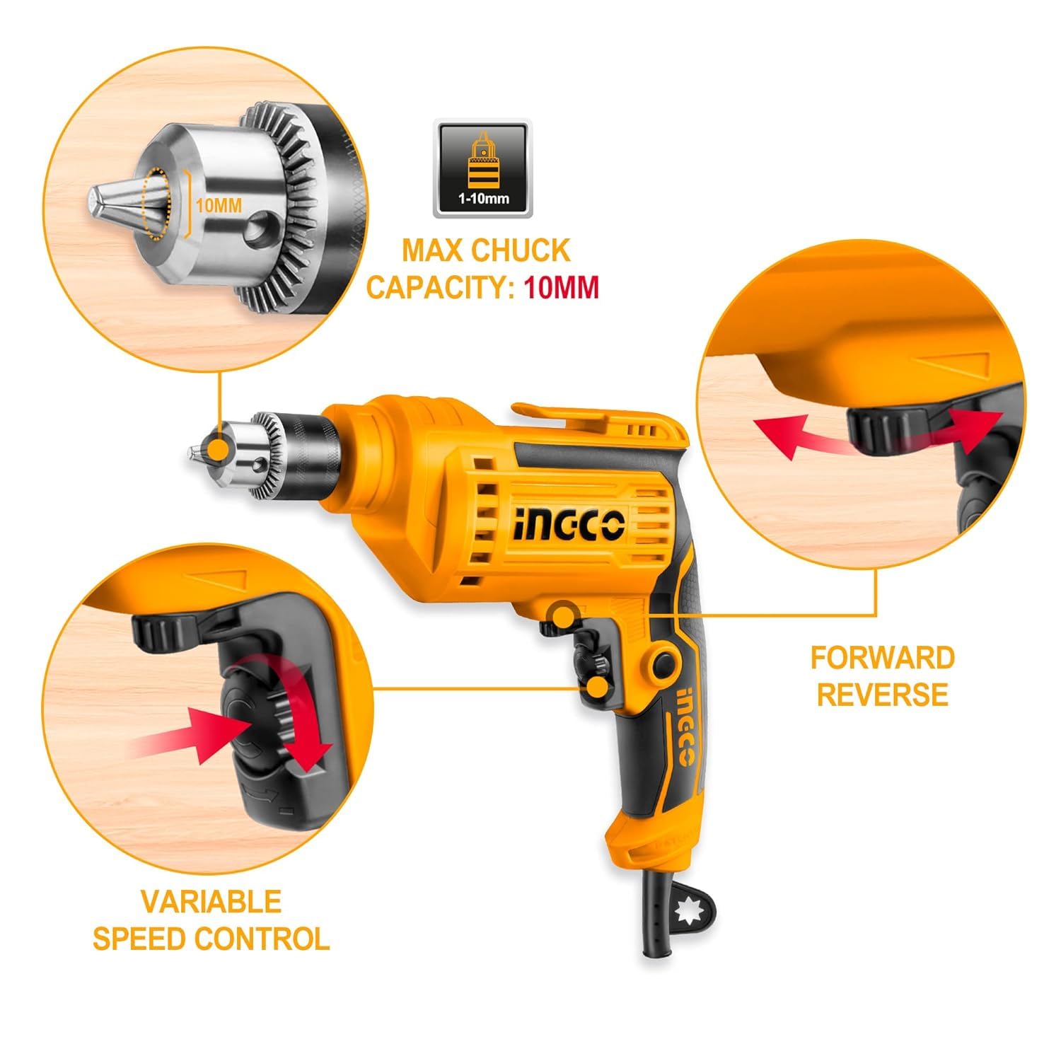 INGCO 550W Electric Drill | 0-3300RPM Variable Speed, Forward/Reverse, Max 10mm Drilling Capacity | with Extra Carbon Brushes(ED55038) 3