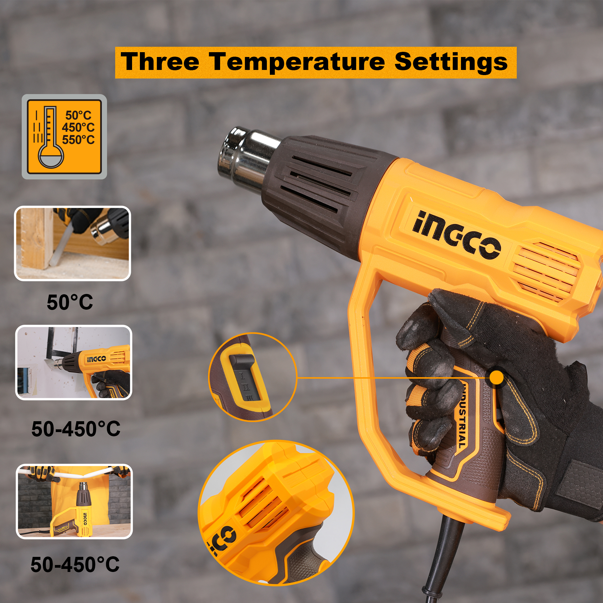Ingco 2000 Watt Heat Gun With 3 Adjustable Temperature Settings, 3 Pcs Nozzle & Scraper(HG200078) 3