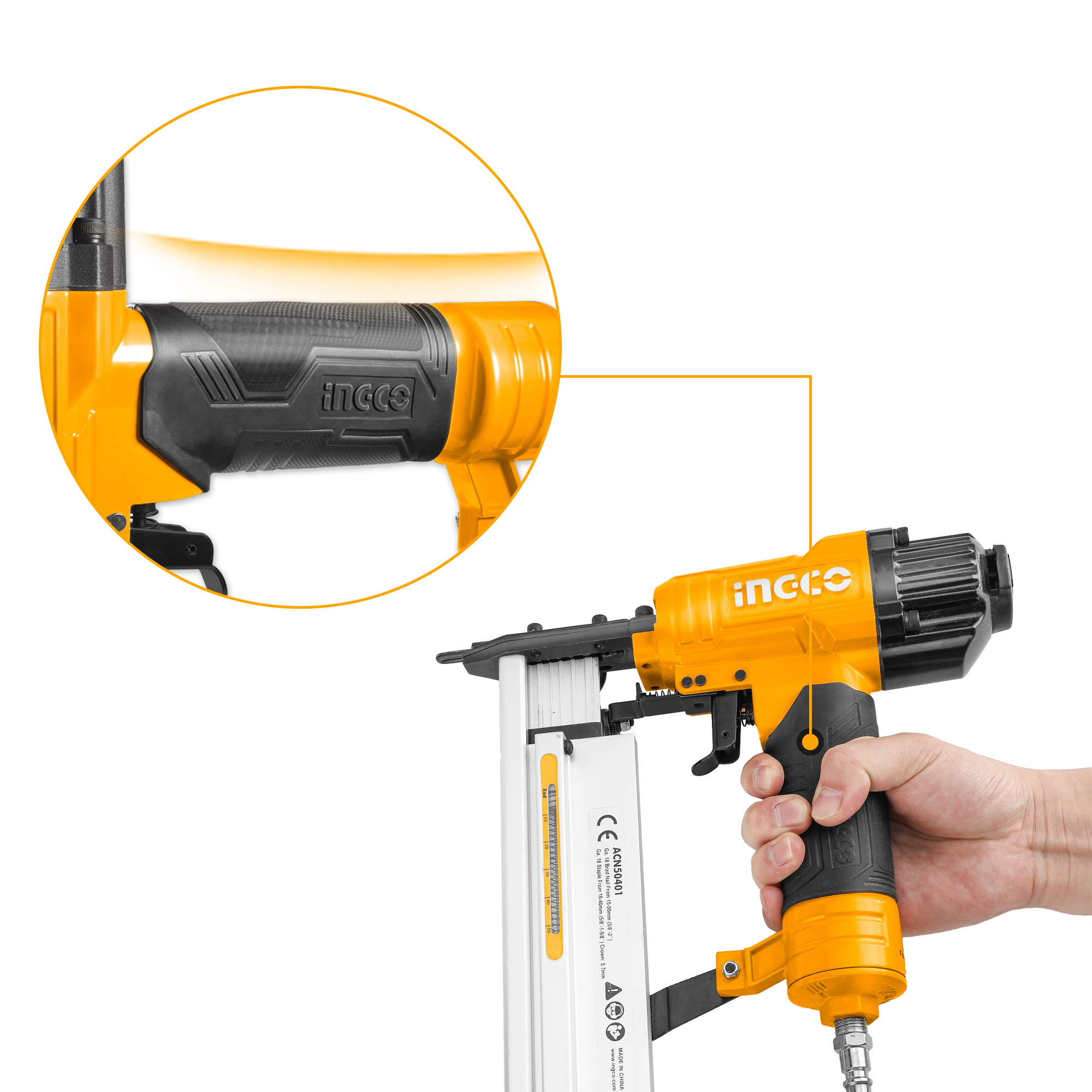 INGCO Air nailer Ga18 | 100pcs Capticaty | 4 Type Connector | 0.4-0.7Mpa with 1000pcs Brad Nails & 200pcs Staples, for Wood, (ACN50401) 2