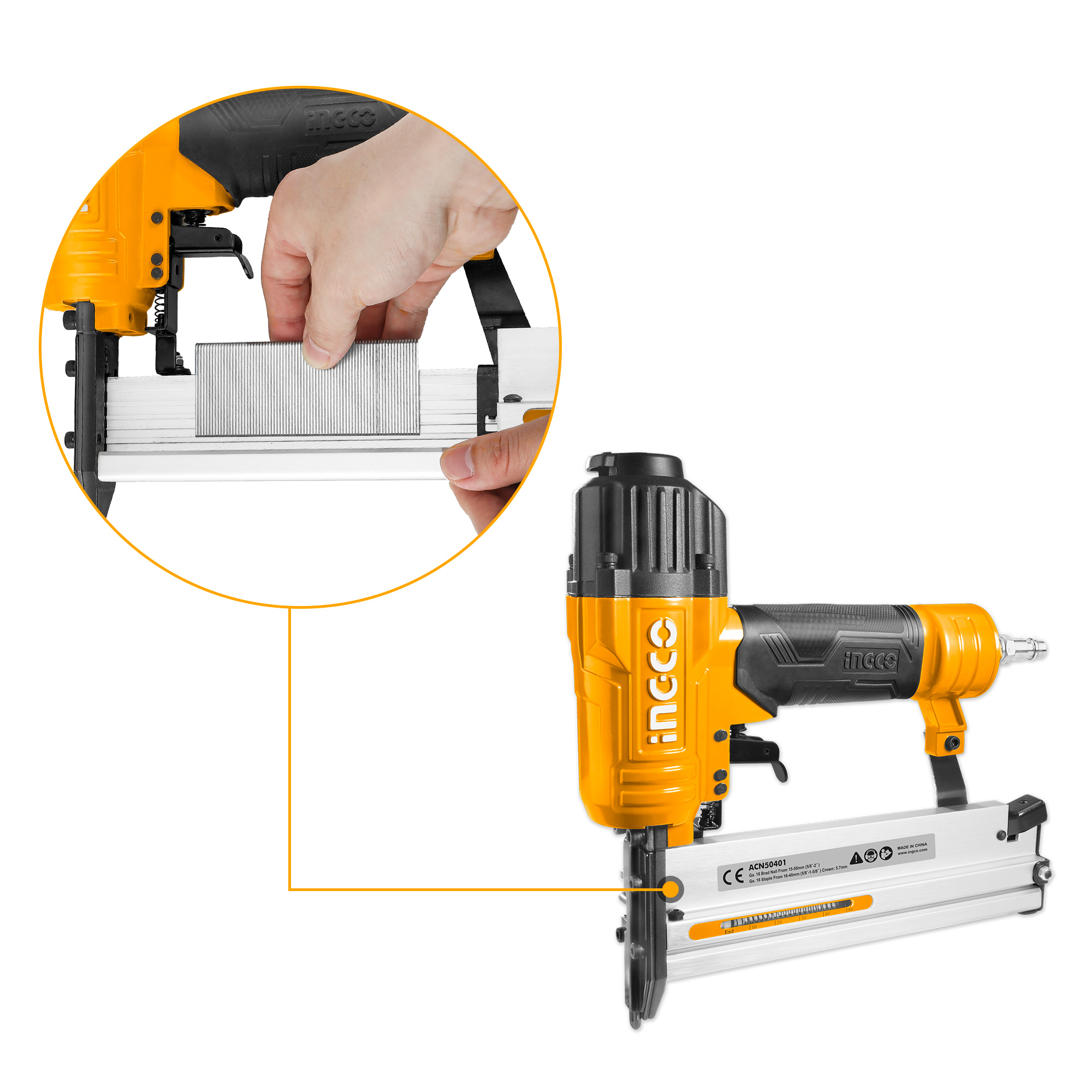 INGCO Air nailer Ga18 | 100pcs Capticaty | 4 Type Connector | 0.4-0.7Mpa with 1000pcs Brad Nails & 200pcs Staples, for Wood, (ACN50401) 4