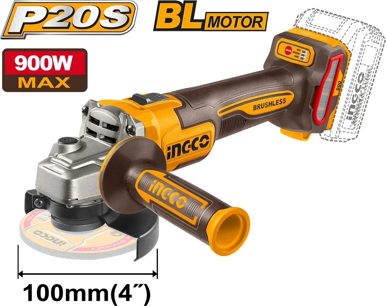 INGCO 20V Cordless Brushless Angle Grinder 100mm, 900W, M10, 3000/6000/9000RPM, With 2Pcs 4.0Ah Battery (CAGLI261023) 2