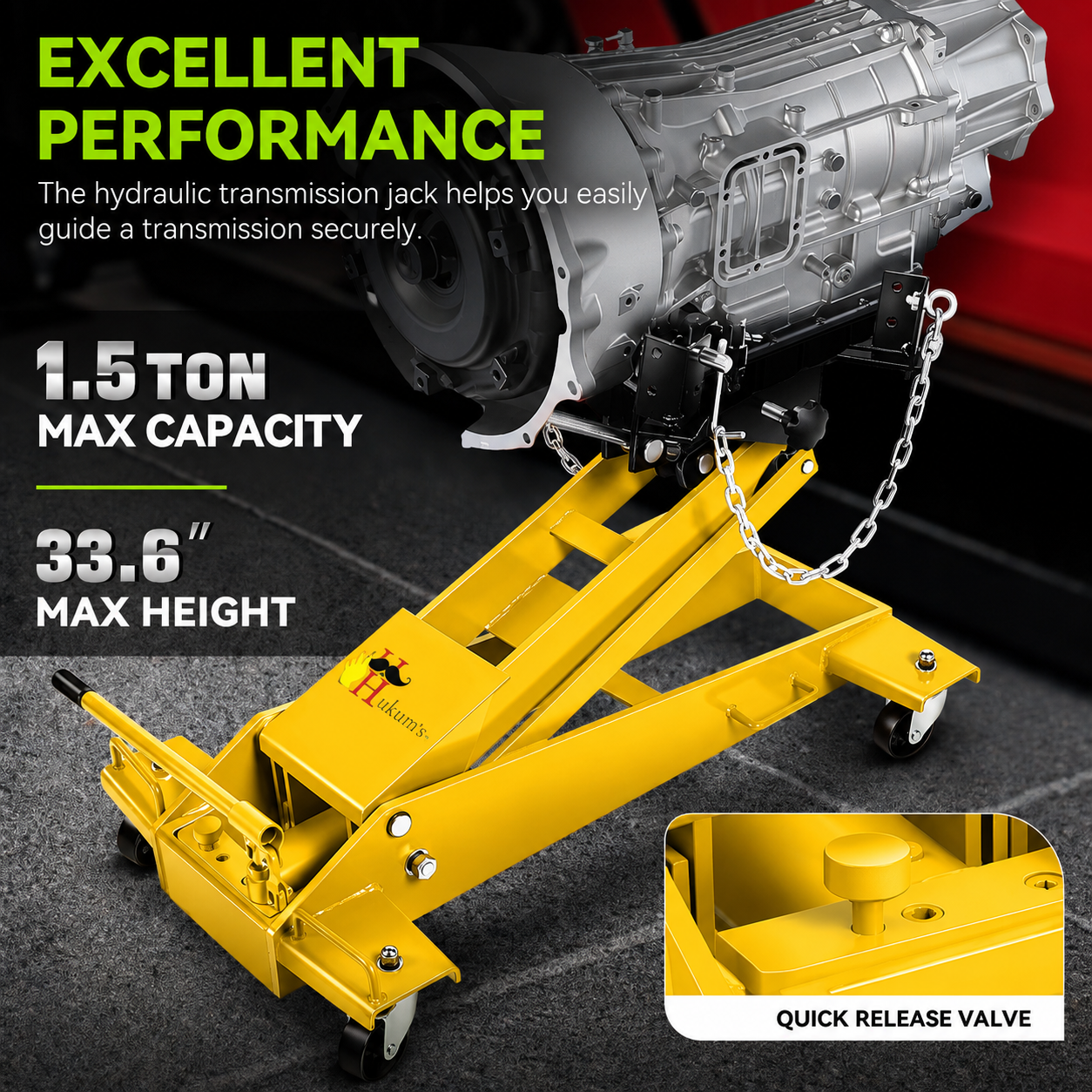 Hukums 1.5 Ton Heavy Duty Low Profile Hydraulic Transmission Jack With Chain 5