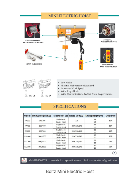 Boltz PA 1200kg Electric Hoist with 2.5 HP 100% Copper Winding Motor, 8mm Diameter & 20m Long Wire Rope 2
