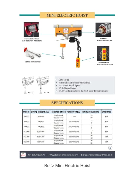 Boltz PA 600 Copper Winding Mini Electric Rope Hoist 2