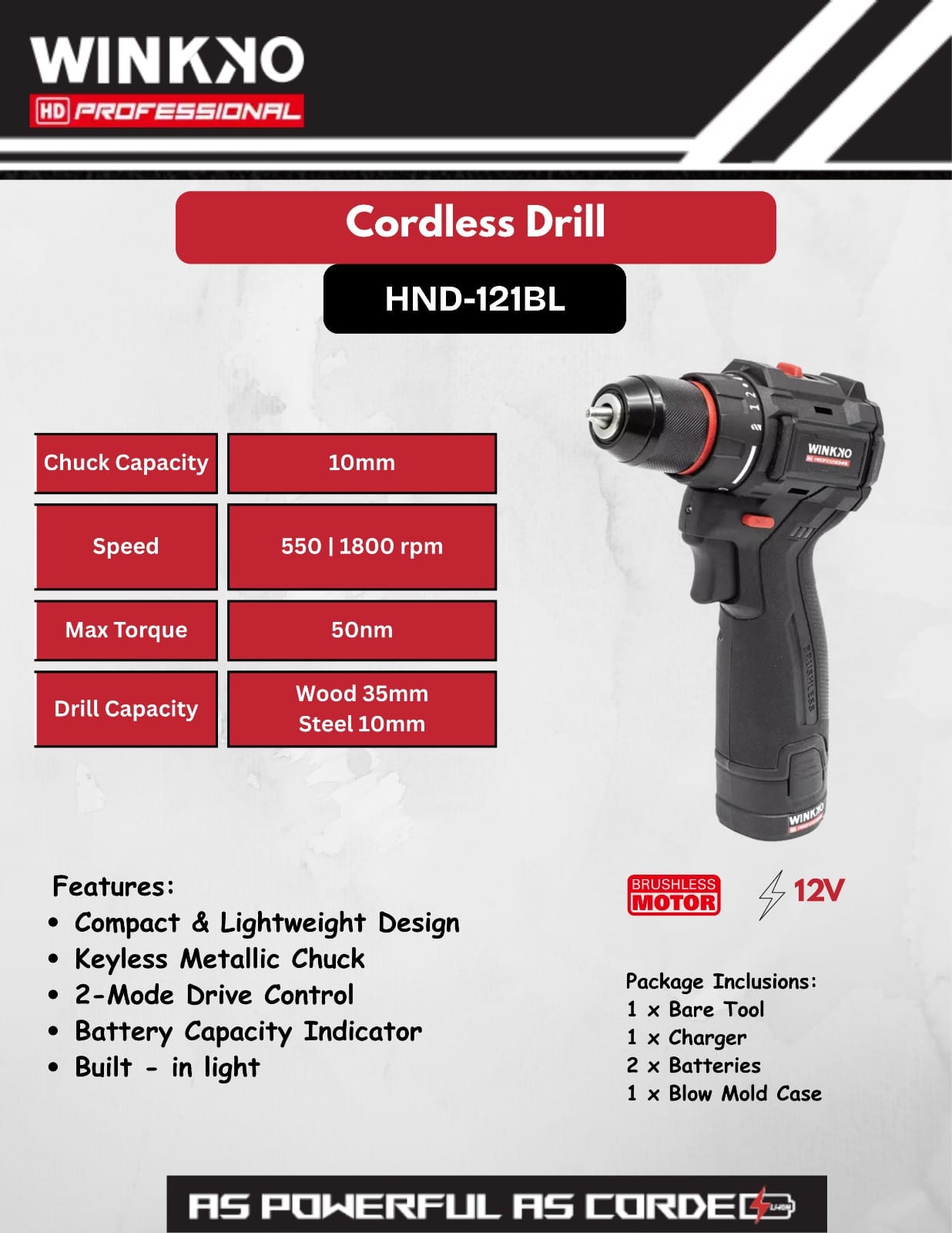 WINKKO HD Professional 12V Cordless Brushless Dril(Model: HND-121BL) 4