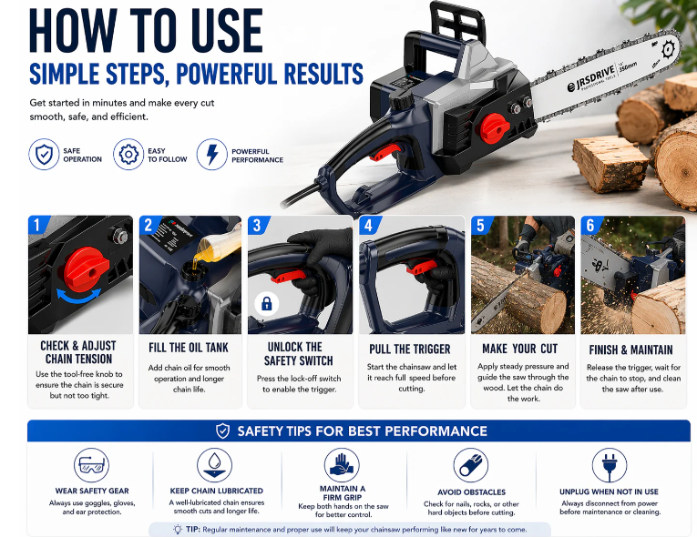 JRSDRIVE ECHS 400N Electric Chain Saw | 1600W High-Efficiency Motor  Rapid 600m/min Cutting Speed 4