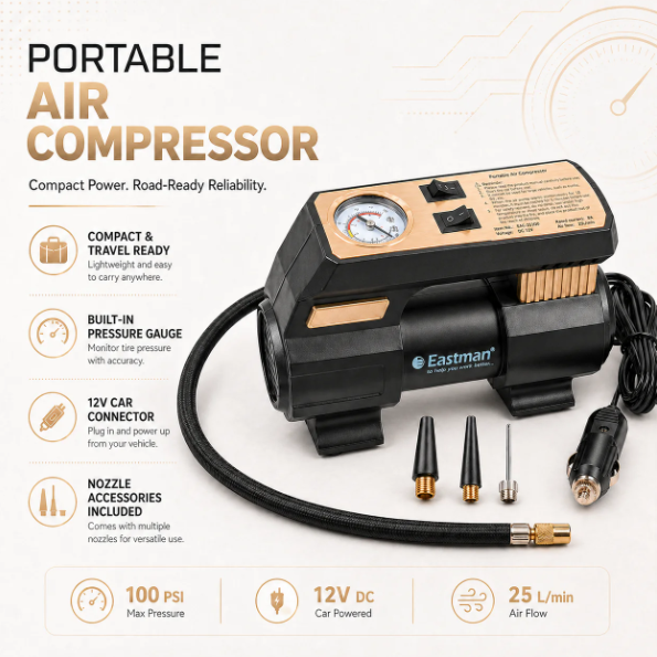 JRSDRIVE EAC25100 Heavy Duty 12V Electric Air Pump - 100 PSI Max Atmospheric Pressure, 6A Max Current, 20Ltr/min Air Flow with Multi-Purpose Nozzles 2