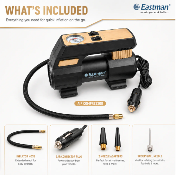 JRSDRIVE EAC25100 Heavy Duty 12V Electric Air Pump - 100 PSI Max Atmospheric Pressure, 6A Max Current, 20Ltr/min Air Flow with Multi-Purpose Nozzles 4
