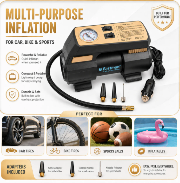 JRSDRIVE EAC25100 Heavy Duty 12V Electric Air Pump - 100 PSI Max Atmospheric Pressure, 6A Max Current, 20Ltr/min Air Flow with Multi-Purpose Nozzles 5