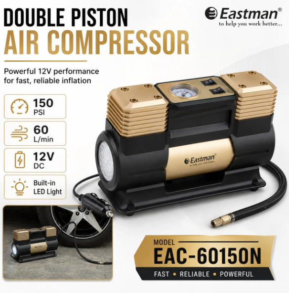 JRSDRIVE EAC-60150N Heavy Duty Double Piston Air Compressor - 12V Digital Car Tyre Inflator, 150 PSI, 60 Ltr/Min with LED Light 2