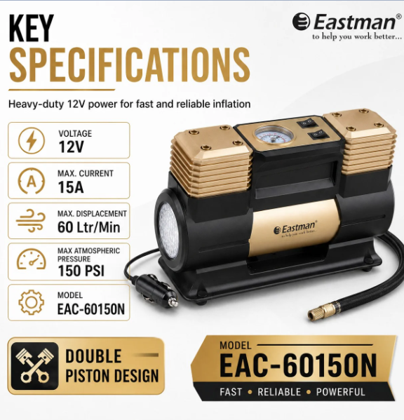 JRSDRIVE EAC-60150N Heavy Duty Double Piston Air Compressor - 12V Digital Car Tyre Inflator, 150 PSI, 60 Ltr/Min with LED Light 3