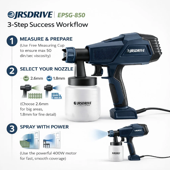 JRSDRIV Electric Paint Spray Gun 400W, 800ml Tank Capacity with Adjustable Flow Control, 3 Spray Patterns, and 2.6mm Nozzle for DIY Furniture, Walls, and Automotive Painting. EPSG-850 2